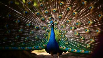 ein Pfau mit es ist Gefieder Verbreitung ai generiert foto