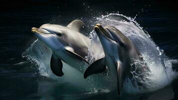 ein Gruppe von Delfine Springen aus von das Wasser ai generiert foto