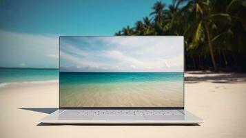 ein Laptop auf ein Strand ai generiert foto