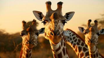 ein Gruppe von Giraffen suchen beim das Kamera ai generiert foto