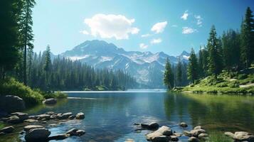 ein See umgeben durch Bäume und Berge ai generiert foto