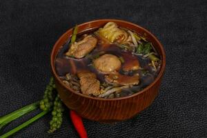 thailändische suppe mit fleisch und pilzen foto