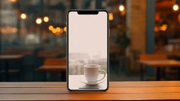 ein Weiß Smartphone mit ein Weiß Tasse auf ein hölzern Tabelle ai generiert foto