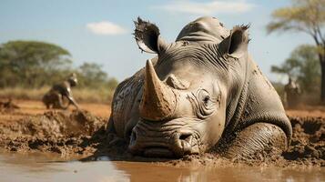 ein Nashorn Lügen im Wasser ai generiert foto