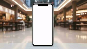 ein Weiß Smartphone auf ein Tabelle ai generiert foto