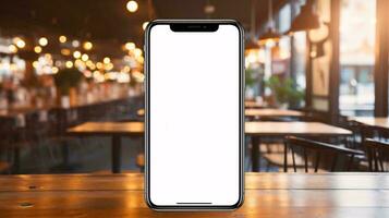ein Weiß Handy auf ein Tabelle ai generiert foto