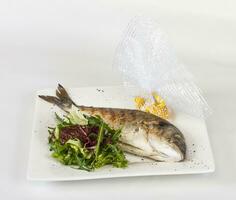 Dorada-Fisch mit Salat auf dem weißen Teller. Studioaufnahme foto