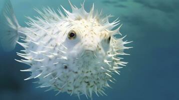 ai generativ von das Kugelfisch ist ein klein, runden Fisch mit stachelig, aufgeblasen Haut. es ist Körper ist bedeckt im winzig, Scharf Stacheln, und es hat groß, ausdrucksvoll Augen. foto