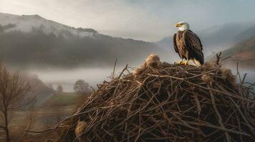 ai generativ von majestätisch Adler thront hoch, Aufpassen Über ihr flauschige Küken eingebettet im ein robust Nest, Berge im das Hintergrund, ein Bild von Eltern Pflege. foto