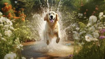 ai generativ von ein froh nass Hund, planschen im Wasser, Augen glänzend mit Glück, Pelz durchnässt und glitzernd unter das Sonne, Schwanz wedeln im rein Freude. foto