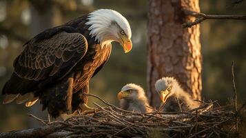 ai generativ von majestätisch Adler thront hoch, Aufpassen Über ihr flauschige Küken eingebettet im ein robust Nest, Berge im das Hintergrund, ein Bild von Eltern Pflege. foto