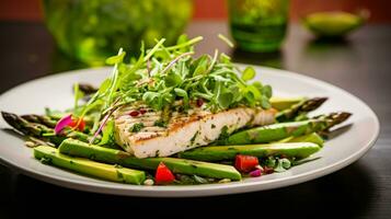 ai generativ von Frühling Salat mit zärtlich Spargel und gegrillt Mahi-Mahi, ein harmonisch Mischung von beschwingt Aromen foto