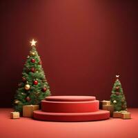 weihnachtliche-rote-textur-und-podium-auf-und-goldenen-kugeln-grüner-baum-goldenes-podium-drei-kleines-podium auf Dezember foto