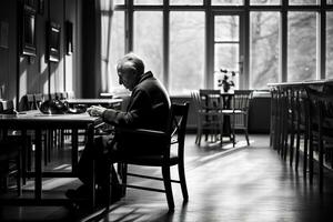 Alten Mann Sitzung allein beim ein Tisch, Pflege- heim, Einsamkeit foto