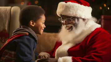 ai generativ Kinder von anders ethnische Zugehörigkeit Treffen Santa mit ein Bokeh gefüllt Hintergrund foto