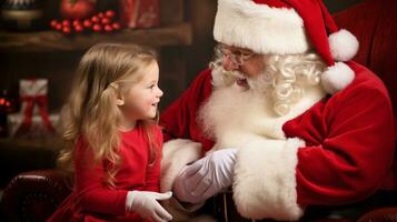 ai generativ Kinder von anders ethnische Zugehörigkeit Treffen Santa mit ein Bokeh gefüllt Hintergrund foto