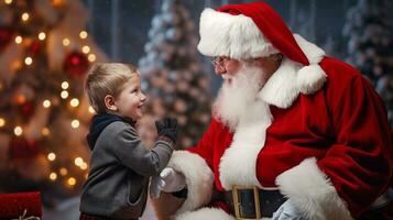 ai generativ Kinder von anders ethnische Zugehörigkeit Treffen Santa mit ein Bokeh gefüllt Hintergrund foto