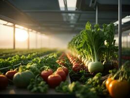 organisch hydroponisch Gemüse Bauernhof im das Morgen, Lager Foto ai generiert