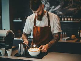 Barista vorsichtig basteln ein Latté Kunst Design auf ein Tasse von Kaffee ai generativ foto