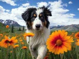 neugierig Hund erkunden ein Feld von Blühen Wildblume ai generativ foto