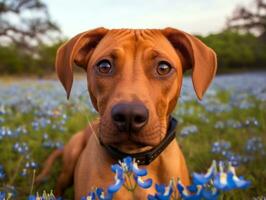 neugierig Hund erkunden ein Feld von Blühen Wildblume ai generativ foto