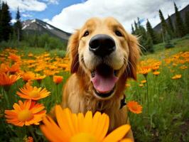 neugierig Hund erkunden ein Feld von Blühen Wildblume ai generativ foto