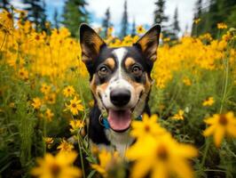 neugierig Hund erkunden ein Feld von Blühen Wildblume ai generativ foto