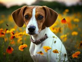 neugierig Hund erkunden ein Feld von Blühen Wildblume ai generativ foto