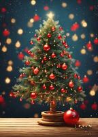 golden Weihnachten Baum mit Ornamente auf hölzern Tabelle und Blau Hintergrund foto