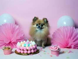 bezaubernd Hund posieren mit ein Geburtstag Kuchen beim ein Feier ai generativ foto