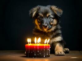 bezaubernd Hund posieren mit ein Geburtstag Kuchen beim ein Feier ai generativ foto