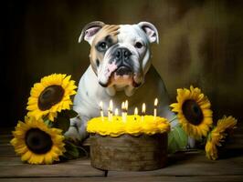 bezaubernd Hund posieren mit ein Geburtstag Kuchen beim ein Feier ai generativ foto