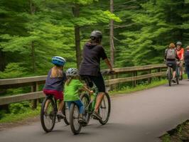 Familie auf Fahrräder auf ein Wald Fahrrad Pfad ai generativ foto