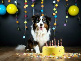 bezaubernd Hund posieren mit ein Geburtstag Kuchen beim ein Feier ai generativ foto