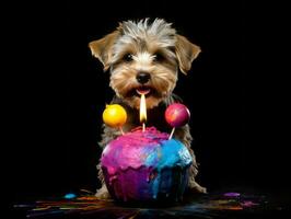 bezaubernd Hund posieren mit ein Geburtstag Kuchen beim ein Feier ai generativ foto