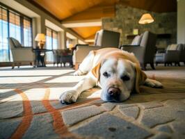 Inhalt Hund genießen im das Leben Zimmer Fußboden ai generativ foto