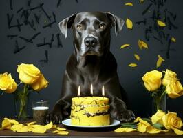 bezaubernd Hund posieren mit ein Geburtstag Kuchen beim ein Feier ai generativ foto