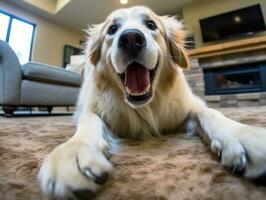 Inhalt Hund genießen im das Leben Zimmer Fußboden ai generativ foto