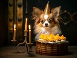 bezaubernd Hund posieren mit ein Geburtstag Kuchen beim ein Feier ai generativ foto