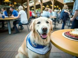 bezaubernd Hund posieren mit ein Geburtstag Kuchen beim ein Feier ai generativ foto