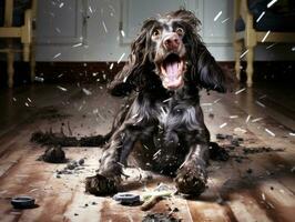 Inhalt Hund genießen im das Leben Zimmer Fußboden ai generativ foto