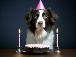 bezaubernd Hund posieren mit ein Geburtstag Kuchen beim ein Feier ai generativ foto