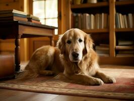 Inhalt Hund genießen im das Leben Zimmer Fußboden ai generativ foto