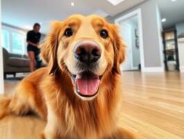 Inhalt Hund genießen im das Leben Zimmer Fußboden ai generativ foto