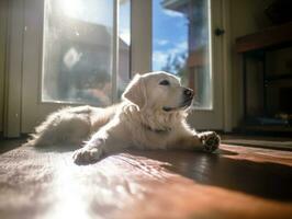 Inhalt Hund genießen im das Leben Zimmer Fußboden ai generativ foto