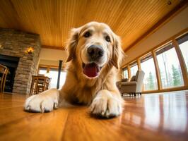 Inhalt Hund genießen im das Leben Zimmer Fußboden ai generativ foto