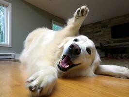 Inhalt Hund genießen im das Leben Zimmer Fußboden ai generativ foto