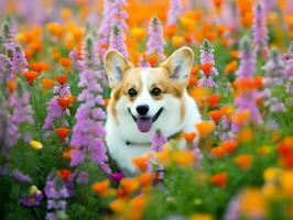 neugierig Hund erkunden ein Feld von Blühen Wildblume ai generativ foto