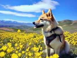 neugierig Hund erkunden ein Feld von Blühen Wildblume ai generativ foto