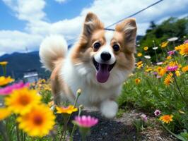 neugierig Hund erkunden ein Feld von Blühen Wildblume ai generativ foto